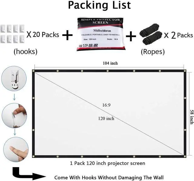 Alt view image 4 of 7 - 120 inch Projector Screen 16:9 Foldable Anti-Crease Portable Projector Movies Screens for Home Theater Outdoor Indoor Support Double Sided Projection