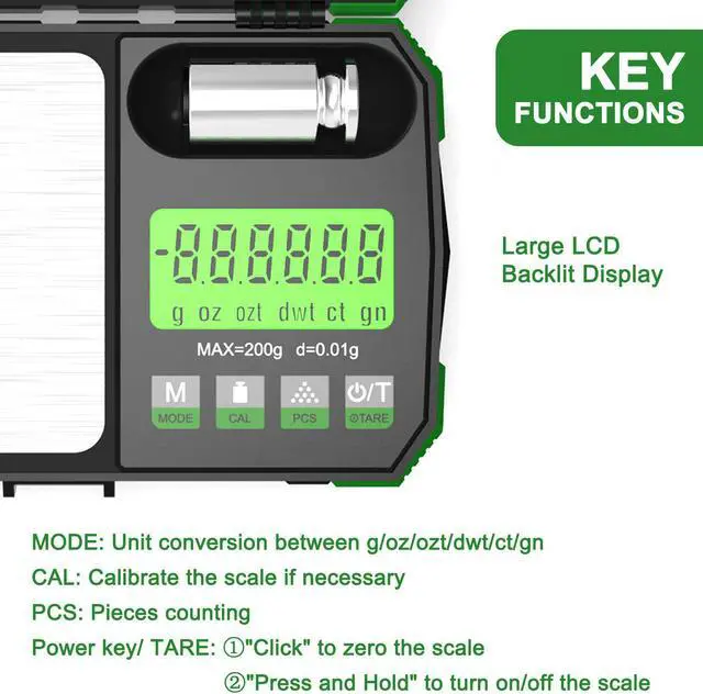 Alt view image 4 of 6 - Gram Scale Pocket Size, 200/0.01g Small Scale w/ Tray, Herb Coin Scale LCD Backlight Arrow Scale with USB Power Supply Port Read in 6 Units 50g Calibration Weight Included