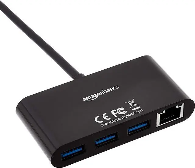 Alt view image 2 of 5 - Basics 4-Port Adapter With 3 USB-A 3.0 Ports & 1 RJ45 Gigabit Ethernet Port, Black