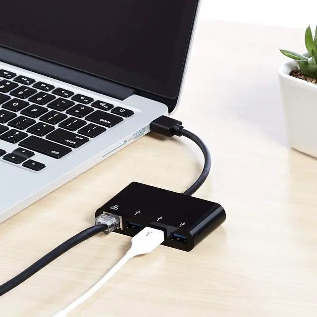 Alt view image 5 of 5 - Basics 4-Port Adapter With 3 USB-A 3.0 Ports & 1 RJ45 Gigabit Ethernet Port, Black