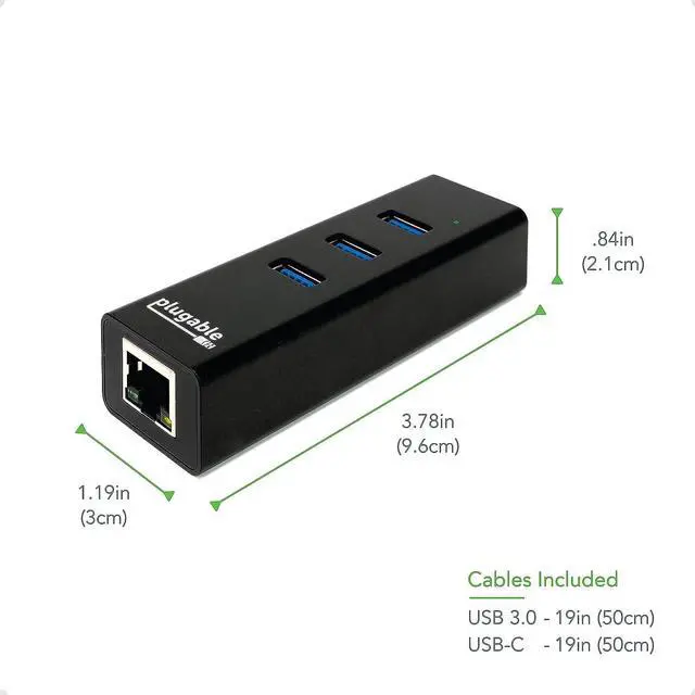 Alt view image 4 of 7 - Plugable USB Hub with Ethernet, 3 Port USB 3.0 Bus Powered Hub with Gigabit Ethernet Compatible with Windows, MacBook, Linux, Chrome OS, Includes USB C and USB 3.0 Cables