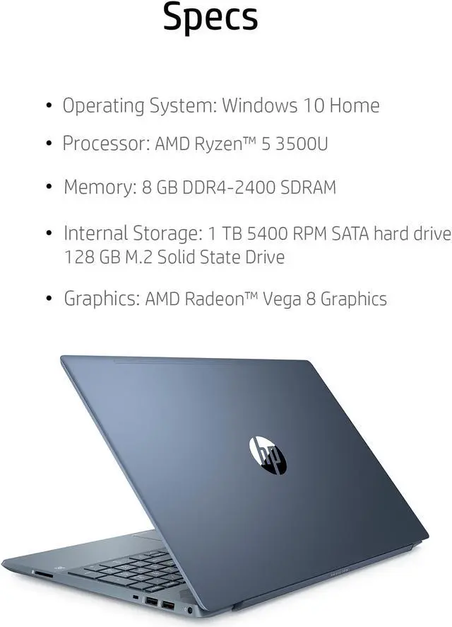 Alt view image 3 of 5 - HP Pavilion Laptop 15.6" Full HD Display, AMD Ryzen 5 3500U, AMD Radeon™ Vega 8 Graphics, 8GB SDRAM, 1TB HDD + 128GB SSD, Horizon Blue, 15-cw1068wm