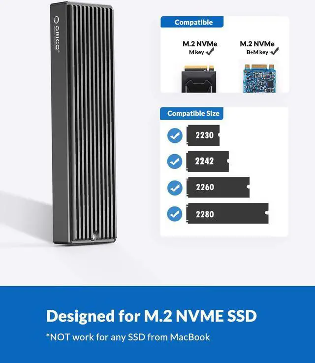 Alt view image 2 of 7 - M.2 NVMe SSD Enclosure USB 3.1 Gen 2 (10 Gbps) to NVMe PCI-E M.2 SSD Case Support UASP for NVMe SSD Size 2230/2242/2260/2280(up to 4TB)-M2PV