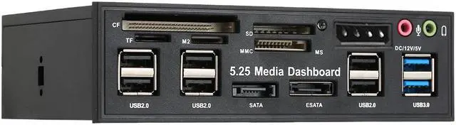 Main image of Multi-Function USB 3.0 Hub eSATA SATA Port Internal Card Reader PC Dashboard Media Front Panel Audio for SD MS CF TF M2 MMC Memory Cards Fits 5.25" Bay