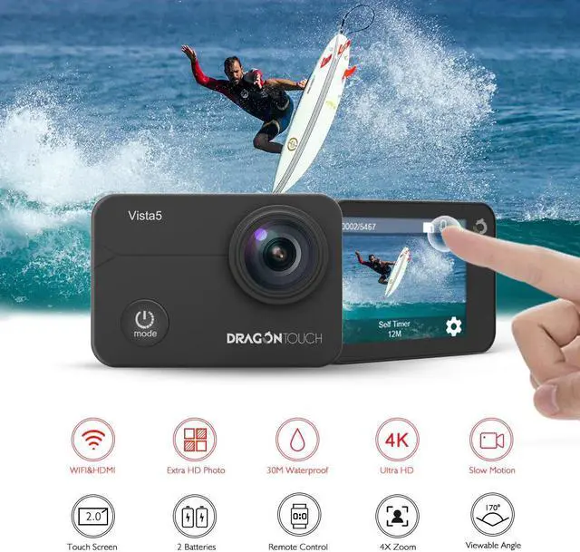 Alt view image 2 of 5 - 4K Action Camera Vista 5 WiFi Waterproof Sport Camera with Touch Screen 2 Batteries and Mounting Accessories Kit