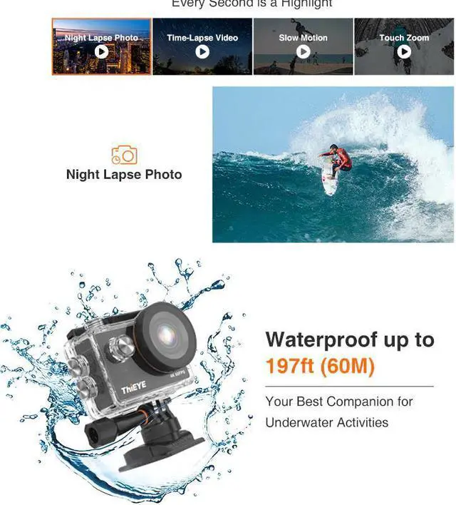 Alt view image 4 of 5 - T5 Pro WiFi Action Camera Ultra HD 4K 60fps Touch Screen  Intuitive and Fast Control IP68 Waterproof Action Camera