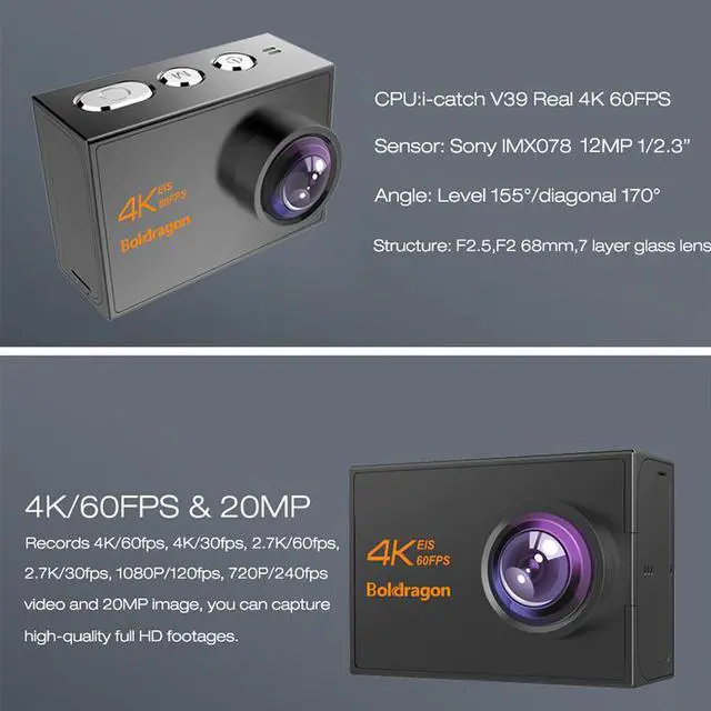 Alt view image 7 of 7 - B39 Action camera 4K 60FPS 20MP EIS 2.0" IPS Touch LCD Dual MIC WiFi webcam pro Underwater Helmet go Sport Video Cam