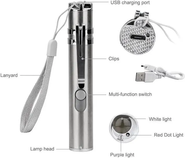 Alt view image 3 of 5 - 3 in1 800LM Mini Aluminium Alloy USB Rechargeable LED Laser Pointer & UV Torch Pen & Flashlight Multifunction Lamp