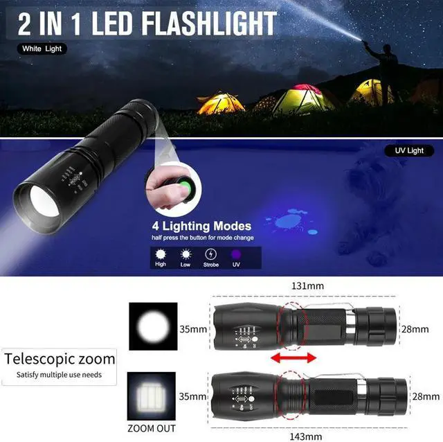 Alt view image 3 of 5 - Portable UV LED Flashlight 2 in 1 Purple/White Light Flashlight Black Light Ultraviolet Torch Ultraviolet Urine Detector