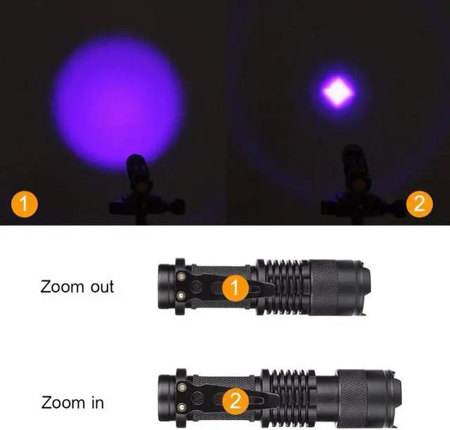 Alt view image 3 of 5 - Flashlight 365nm/395nm Ultra Violet Light Zoom Mini Black Light Pet Urine Stains Detector Scorpion Use AA 14500 battery