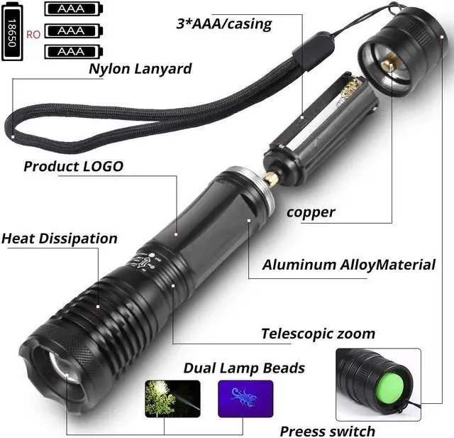 Alt view image 3 of 5 - 2 in 1 UV Flashlight LED Linternas Torch 395nm Ultraviolet Urine Detector Light for camping Carpet Pet Urine Catch Scorpions