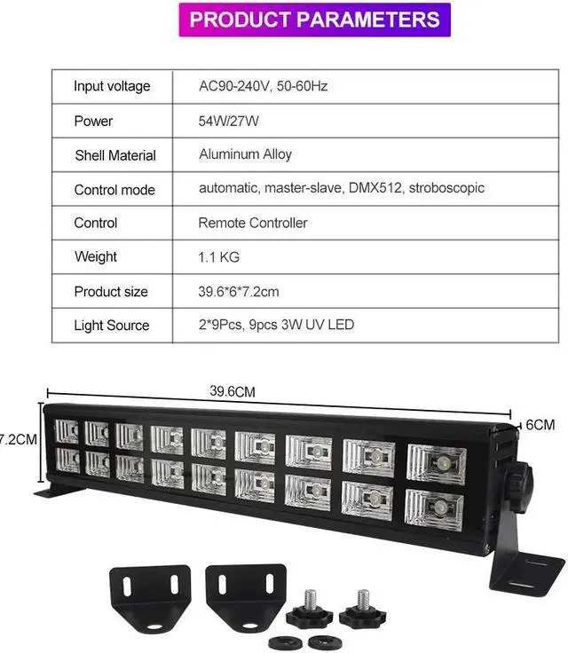 Alt view image 3 of 5 - Stage Lights 27W/54W Disco Light Sound Activated UV Wash Lights Bar DMX Control Auto Play Strobe Effect Lamp Light For Party