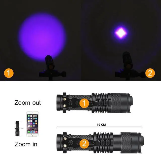 Alt view image 3 of 5 - Flashlight Ultra Violet Light With Zoom Function Mini Black Light Pet Urine Stains Detector Scorpion Use AA/14500 battery