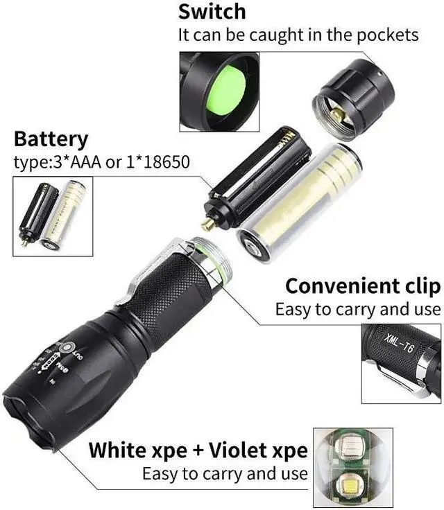 Alt view image 2 of 5 - 6000LM UV Flashlight Black Light 2 in 1 LED Flashlight for Camping Urine Detector for Cats,Pet Stains Scorpions