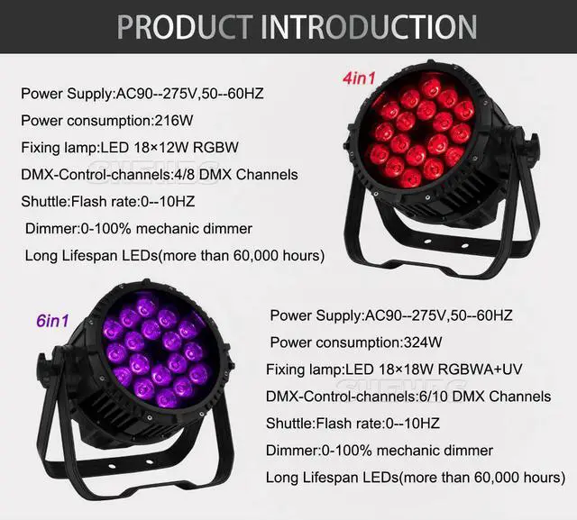 Alt view image 3 of 5 - 2PCS Waterproof Led Par 18x18W RGBW UV 6in1 18x12W 4in1 DJ DMX Outdoor IP65 Wall Waher Stage Disco Aluminum Concert Light