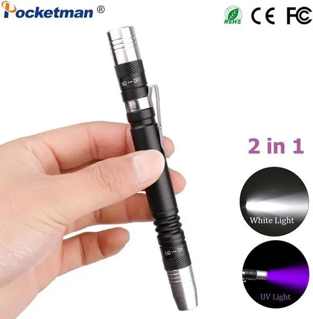 Main image of 2 in 1 Mini UV LED Flashlight Pen Flashlight Multifunctional 395nm Ultra Violet Flashlight Purple White Light Torch