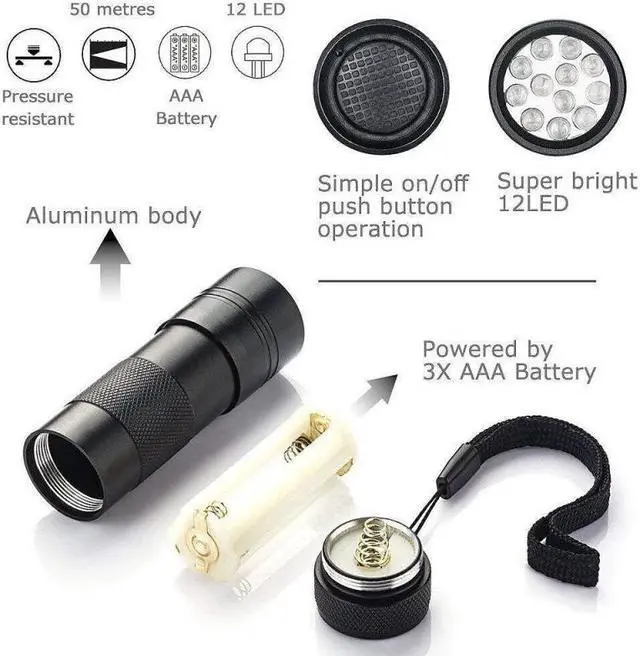 Alt view image 3 of 5 - UV Flashlight UV Light linterna Torch 12 LED Ultraviolet Detector For Dog/Cat/Pet Urine Scorpion Bed Bug On Carpets/Rugs/Floor