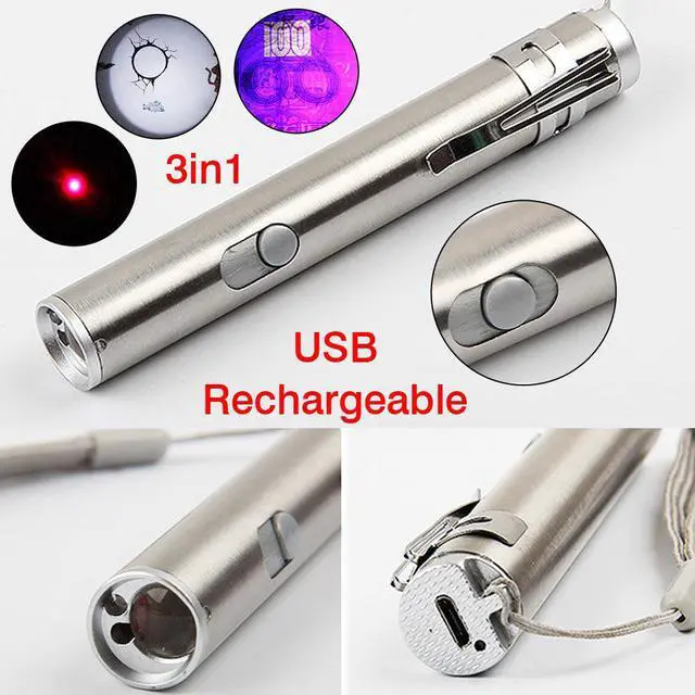 Alt view image 5 of 5 - Self Defense 3in1 / 2in1 Mini USB Rechargeable LED Laser UV Torch Pocket Pen LED Flashlight Camping Lanterna