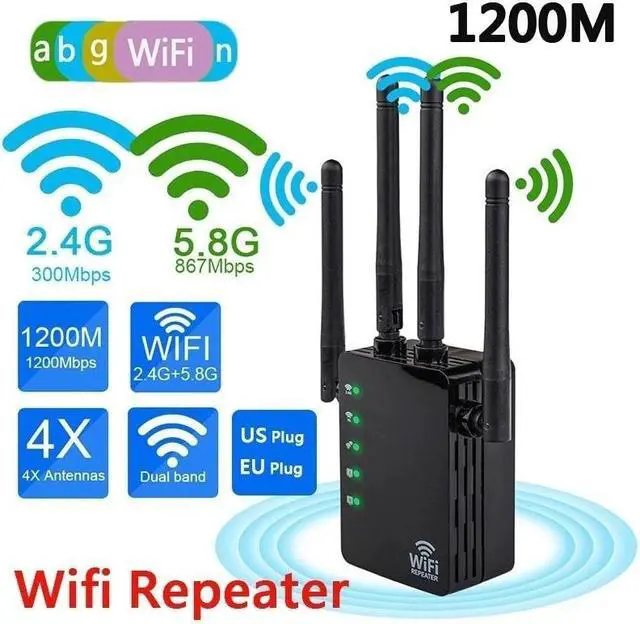 Main image of 2.4G/5G Dual Band WiFi Repeater 1200Mbps Wireless Range Extender AP Router Wifi Signal Amplifier with 4 Antennas for Hotel/Home