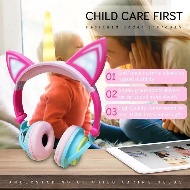 Alt view image 4 of 5 - Original Unicorn Headphones LED Flashing Children Headphone Foldable Music Wired Headphones Cat Ear Gaming Headset Kids Gifts