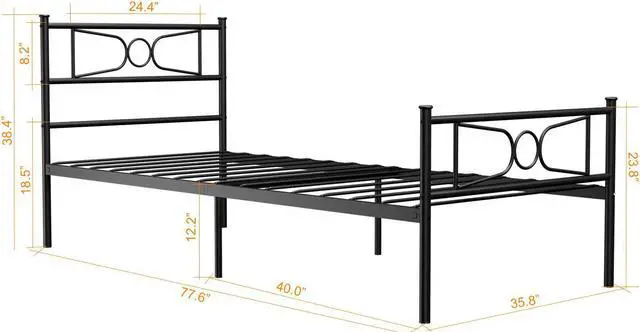 Alt view image 6 of 6 - Twin Size Bed Frame, Metal Bed Frame for Teenagers, No Box Spring Needed Single Bed Platform Mattress Foundation with Storage Headboard/Footboard for Student (Black)