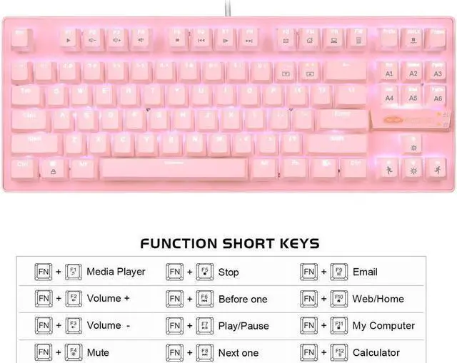 Alt view image 5 of 7 - PC Mechanical Gaming Keyboard--Pink LED Backlight-Compact Mechanical Keyboard 87 Keys, Metal Mechanical Keyboard, USB with Blue Cable Switch Keyboards
