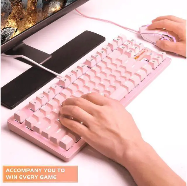 Alt view image 6 of 7 - PC Mechanical Gaming Keyboard--Pink LED Backlight-Compact Mechanical Keyboard 87 Keys, Metal Mechanical Keyboard, USB with Blue Cable Switch Keyboards