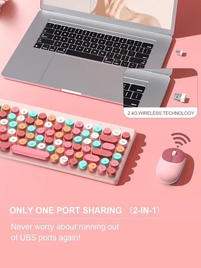 Alt view image 6 of 6 - Wireless Mini Keyboard and Mouse Combo Colorful Retro Round Key Caps 2.4GHz Computer Keyboards 86 Keys with Mouse for PC/Computer/Laptop/Desktop/Note/Mac(Pink-Colorful)