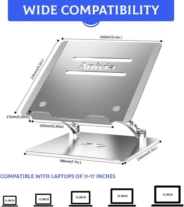 Alt view image 3 of 7 - Adjustable Laptop Stand Metal Holder Portable Aluminum Computer Riser Ergonomic Laptops Elevate Stand for Desk Compatible with 10-17" Notebook Computer Green Silver