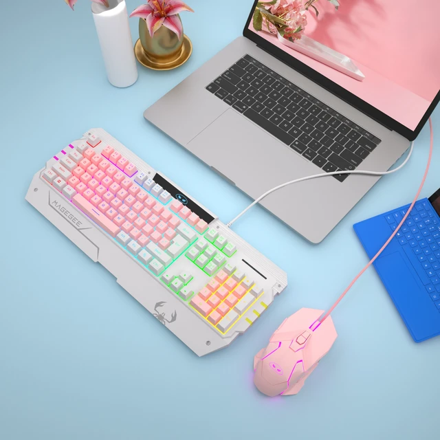 Alt view image 4 of 7 - INMISS Wired Gaming Keyboard and Mouse Combo, 104 Keys Pink White Mixed Rainbow RGB Backlit Mechanical Feel Keyboard, Ergonomic RGB Gaming Mouse, Full Size USB Keyboard Set for PC Laptop Desktop