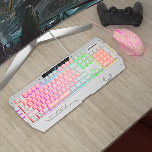 Alt view image 5 of 7 - INMISS Wired Gaming Keyboard and Mouse Combo, 104 Keys Pink White Mixed Rainbow RGB Backlit Mechanical Feel Keyboard, Ergonomic RGB Gaming Mouse, Full Size USB Keyboard Set for PC Laptop Desktop