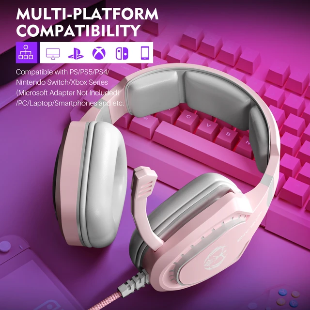 Alt view image 5 of 7 - INMISS AH28 Pink Wired Gaming Headset, Over Ear Headphones with Noise Reduction Mic, 50mm Stereo for PS5 PS4 Xbox Switch PC Laptop