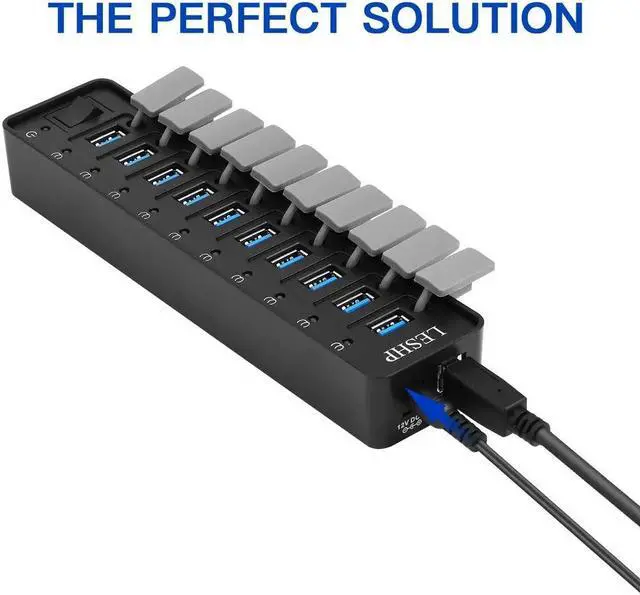 Alt view image 4 of 5 - 10 Ports USB 3.0 Hub High Speed 5Gbps USB 3.0  Hub Splitter with LED & Switch External Power Adapter for PC Laptop US Plug