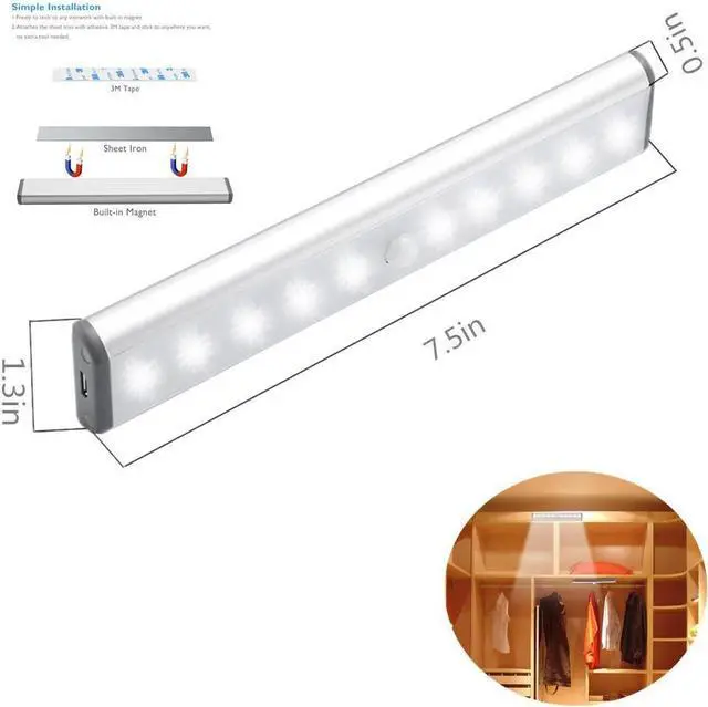 Alt view image 2 of 7 - Stick-on Anywhere Portable Little Light Wireless LED Under Cabinet Lights 10-LED Motion Sensor Activated Night Light Build in Rechargeable Battery Magnetic Tap Lights for Closet Cabinet