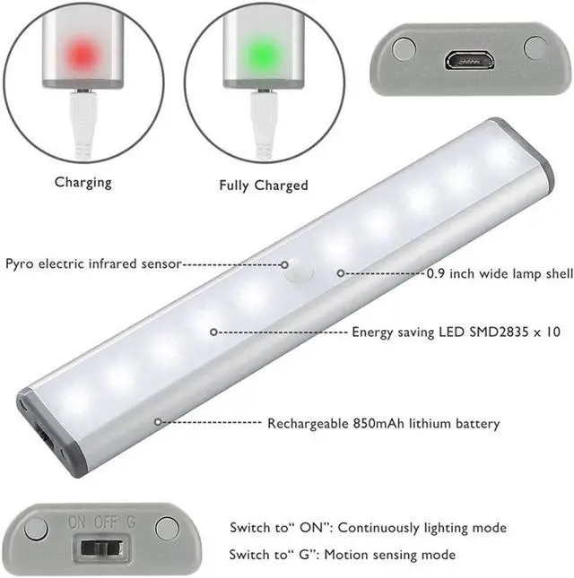 Alt view image 3 of 7 - Stick-on Anywhere Portable Little Light Wireless LED Under Cabinet Lights 10-LED Motion Sensor Activated Night Light Build in Rechargeable Battery Magnetic Tap Lights for Closet Cabinet