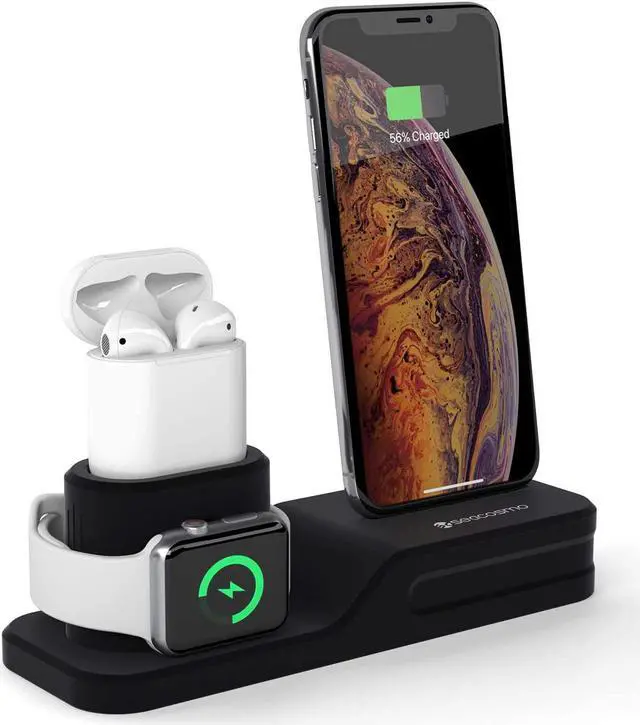 Main image of seacosmo 3 in 1 Charging Stand Compatible with Apple Watch Series 6/SE/5/4/3/2/1, Silicone Stand for iWatch iPhone Airpods, Docking Station for iPhone 12/SE/11/Pro/Max/XR/XS/8/7/6/Plus, Black
