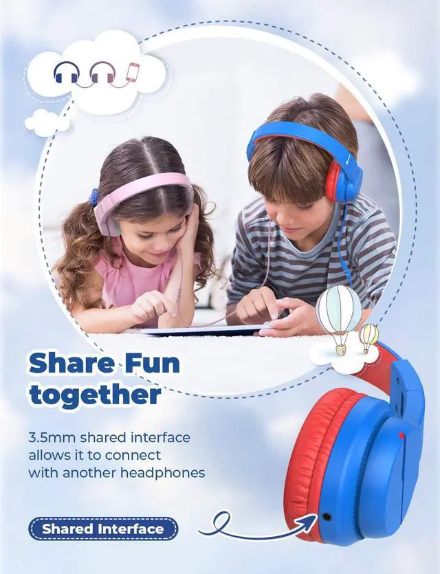 Alt view image 5 of 7 - HS19 Kids Headphones with Microphone for School Volume Limiter 85/94dB Over-Ear Girls Boys Headphones for Kids with Shareport Foldable Wired Headphones for iPad/Fire Tablet/Travel Blue