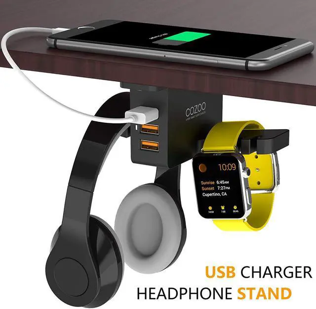 Main image of Headphone Stand with USB Charger COZOO Under Desk Headset Holder Mount with 3 Port USB Charging Station and iWatch Stand Smart Watch Charging Dock Dual Earphone Hanger Hook,UL Tested