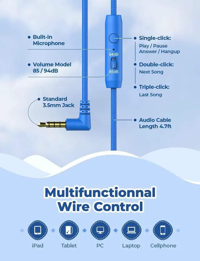 Alt view image 7 of 7 - HS19 Kids Headphones with Microphone for School Volume Limiter 85/94dB Over-Ear Girls Boys Headphones for Kids with Shareport Foldable Wired Headphones for iPad/Fire Tablet/Travel Blue