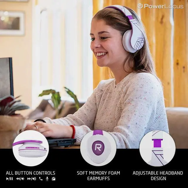 Alt view image 2 of 7 - PowerLocus Bluetooth Over-Ear Headphones, Wireless Stereo Foldable Headphones Wireless and Wired Headsets with Built-in Mic, Micro SD/TF, FM for iPhone/Samsung/iPad/PC (White/Violet)