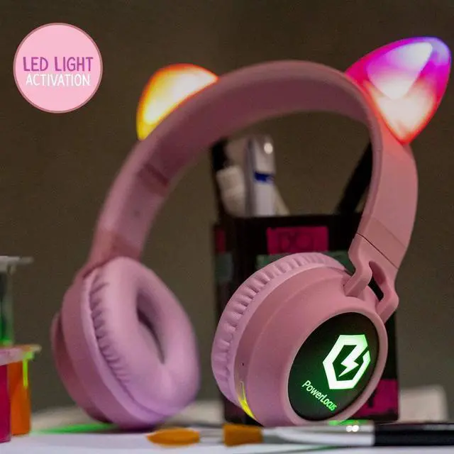Alt view image 4 of 7 - PowerLocus Kids Cat Ear Headphones, Bluetooth 5.3 Wireless, LED Lights, Safe Volume Limit, Micro SD/TF, for iPad, Tablet, Travel (Pink)