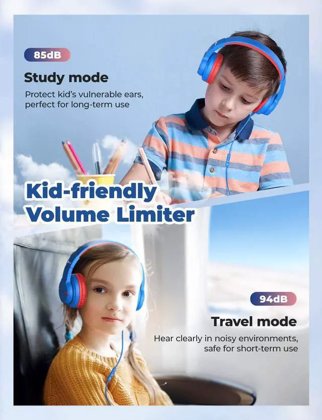 Alt view image 4 of 7 - HS19 Kids Headphones with Microphone for School Volume Limiter 85/94dB Over-Ear Girls Boys Headphones for Kids with Shareport Foldable Wired Headphones for iPad/Fire Tablet/Travel Blue