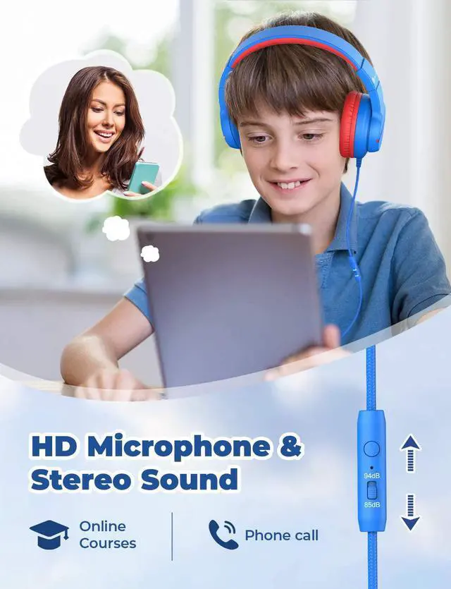 Alt view image 2 of 7 - HS19 Kids Headphones with Microphone for School Volume Limiter 85/94dB Over-Ear Girls Boys Headphones for Kids with Shareport Foldable Wired Headphones for iPad/Fire Tablet/Travel Blue