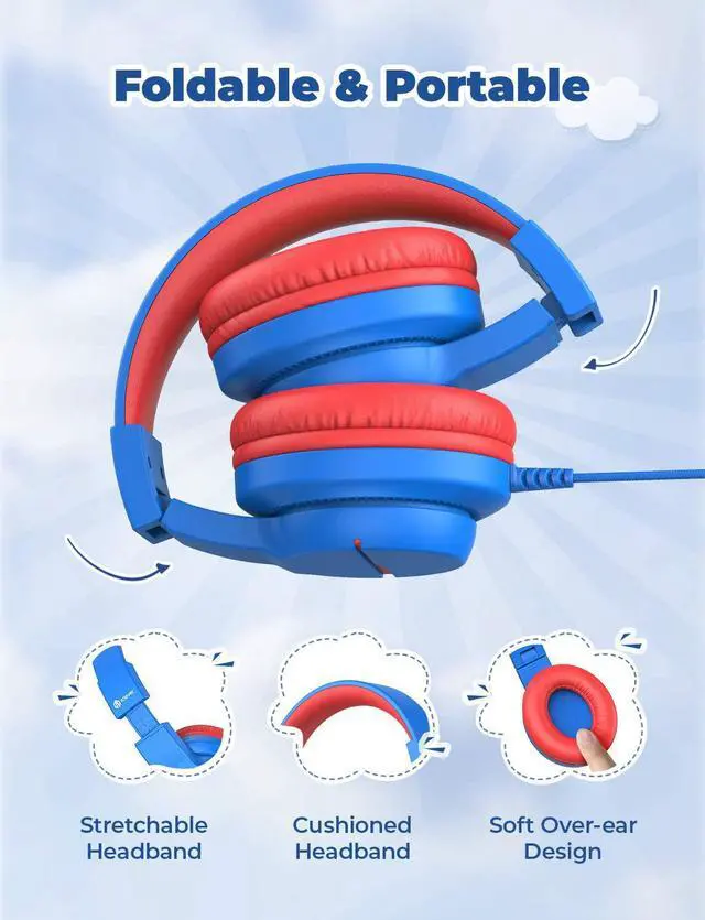 Alt view image 6 of 7 - HS19 Kids Headphones with Microphone for School Volume Limiter 85/94dB Over-Ear Girls Boys Headphones for Kids with Shareport Foldable Wired Headphones for iPad/Fire Tablet/Travel Blue