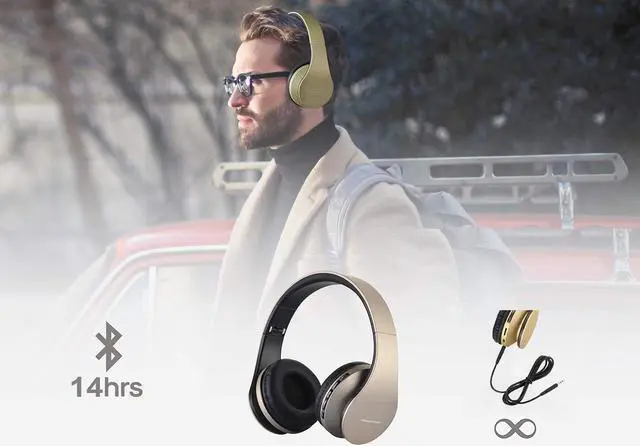 Alt view image 2 of 7 - PowerLocus Wireless Bluetooth Over-Ear Stereo Foldable Headphones, Wired Headsets Rechargeable with Built-in Microphone for iPhone, Samsung, LG, iPad (Gold)