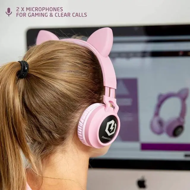 Alt view image 7 of 7 - PowerLocus Kids Cat Ear Headphones, Bluetooth 5.3 Wireless, LED Lights, Safe Volume Limit, Micro SD/TF, for iPad, Tablet, Travel (Pink)