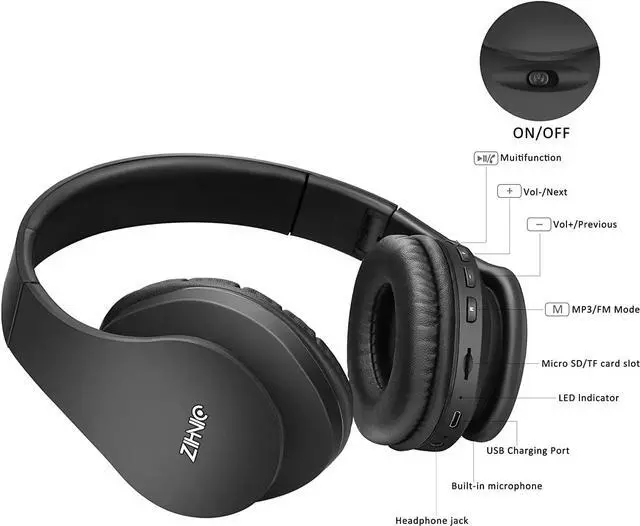 Alt view image 4 of 5 - ZIHNIC Bluetooth Headphones Over-Ear, Foldable Wireless and Wired Stereo Headset Micro SD/TF, FM for Cell Phone,PC,Soft Earmuffs &Light Weight for Prolonged Wearing (Black)