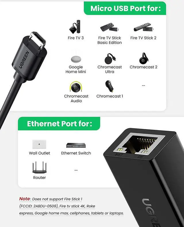 Alt view image 2 of 7 - UGREEN Ethernet Adapter Compatible for Fire TV Stick 4K Chromecast Google Home Mini and More Streaming TV Sticks Micro USB to RJ45 Ethernet Network Adapter with USB Power Supply Cable 3.3ft