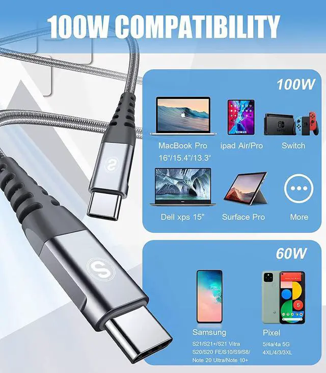 Alt view image 3 of 7 - USB C to USB C Cable 100W [2Pack 10ft], sweguard Type C to Type C 5A Super Fast Charging Nylon Braided Cable Compatible with MacBook Pro 2020/19/18, iPad Pro 2020/18/Air 4, Galaxy S21/20/Note 20 etc
