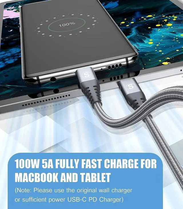 Alt view image 4 of 7 - USB C to USB C Cable 100W [2Pack 10ft], sweguard Type C to Type C 5A Super Fast Charging Nylon Braided Cable Compatible with MacBook Pro 2020/19/18, iPad Pro 2020/18/Air 4, Galaxy S21/20/Note 20 etc